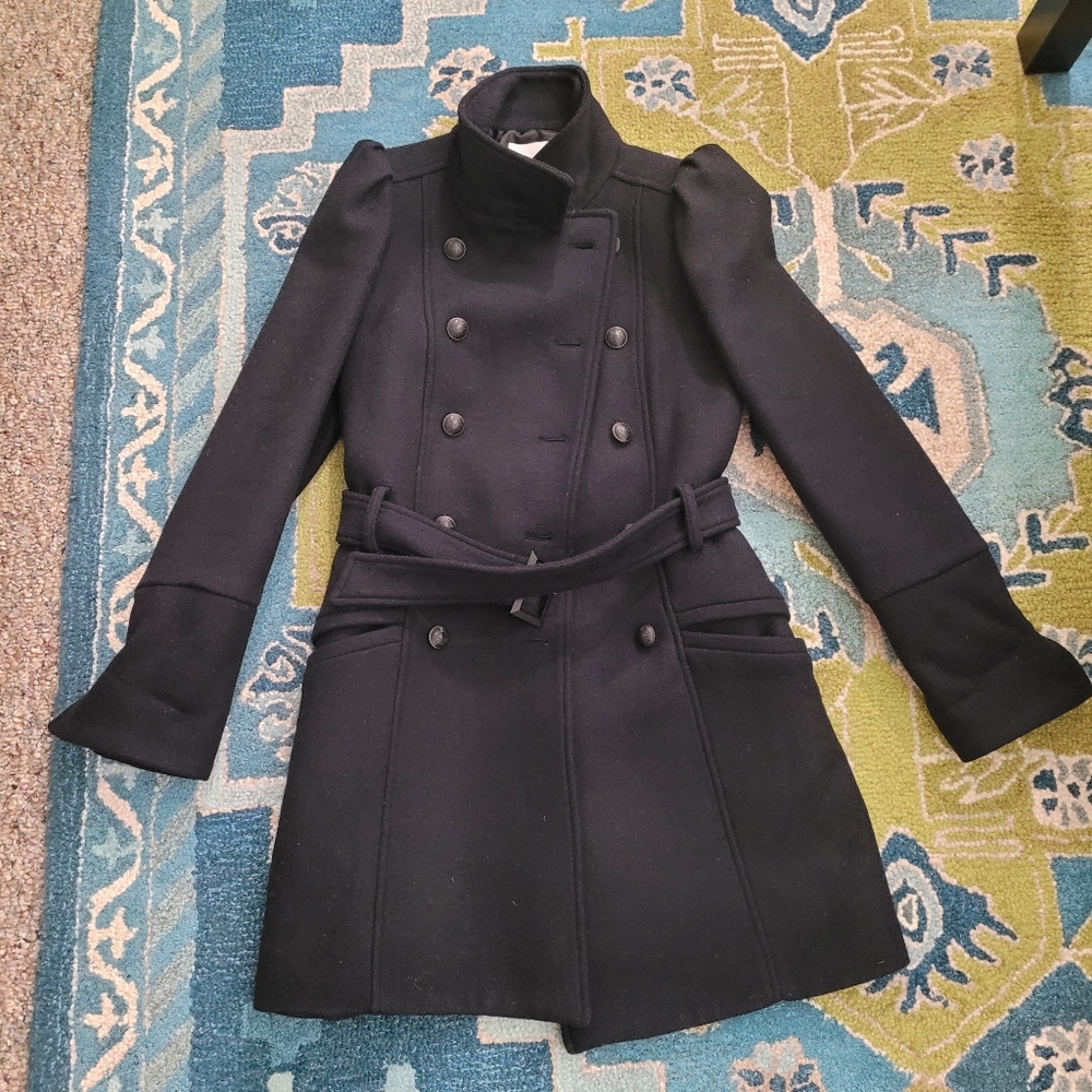 Navy belted peacoat with statement shoulders